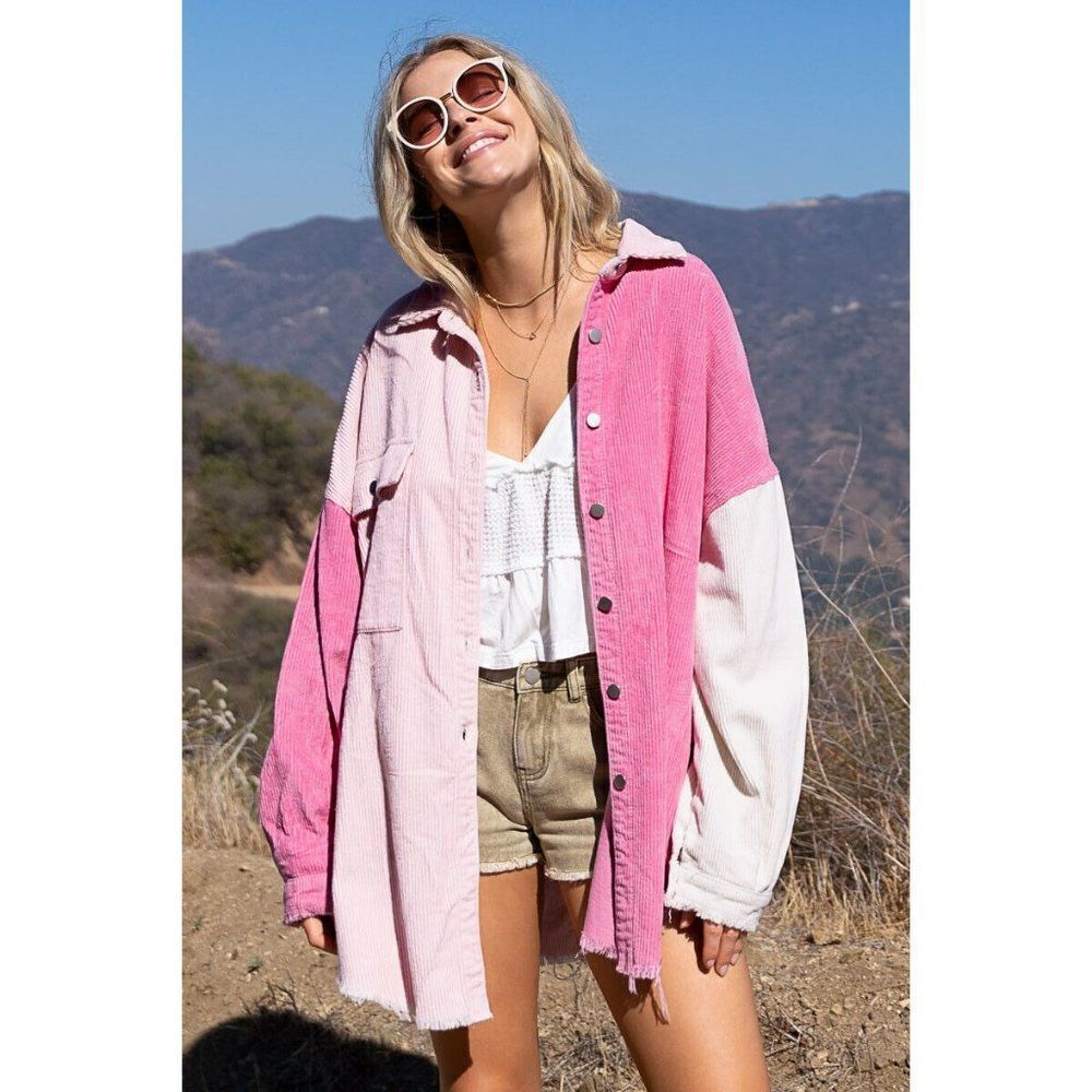 POL Clothing Blush Hot Pink Corduroy Color Block Shacket Button Up Womens SMJ183